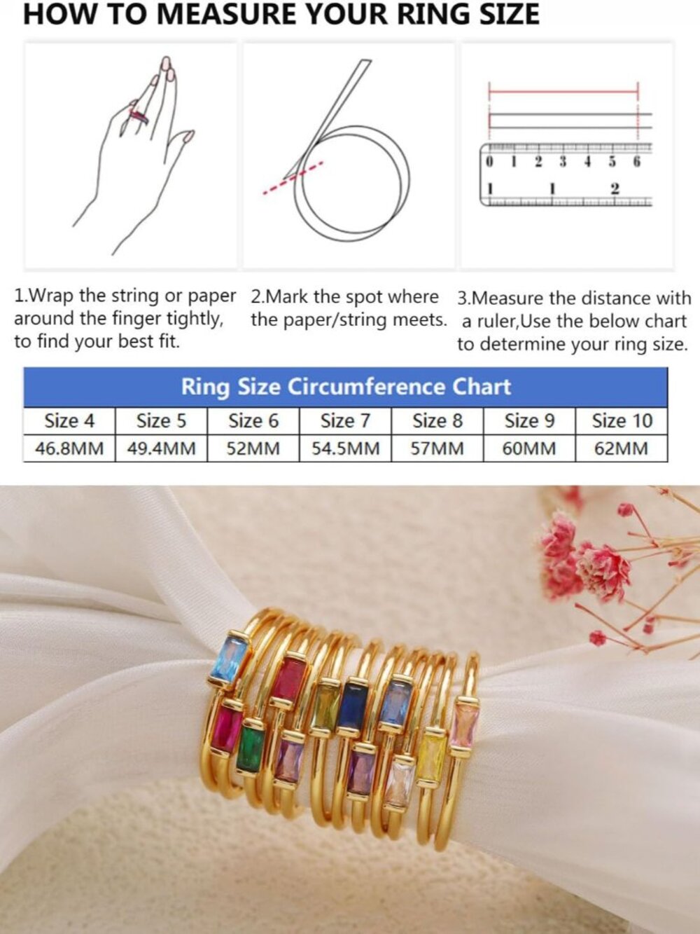 Birthstone Rings for Women Non Tarnish Gold Stackable Rings Dainty 14K Gold/Silv - Picture 4 of 7